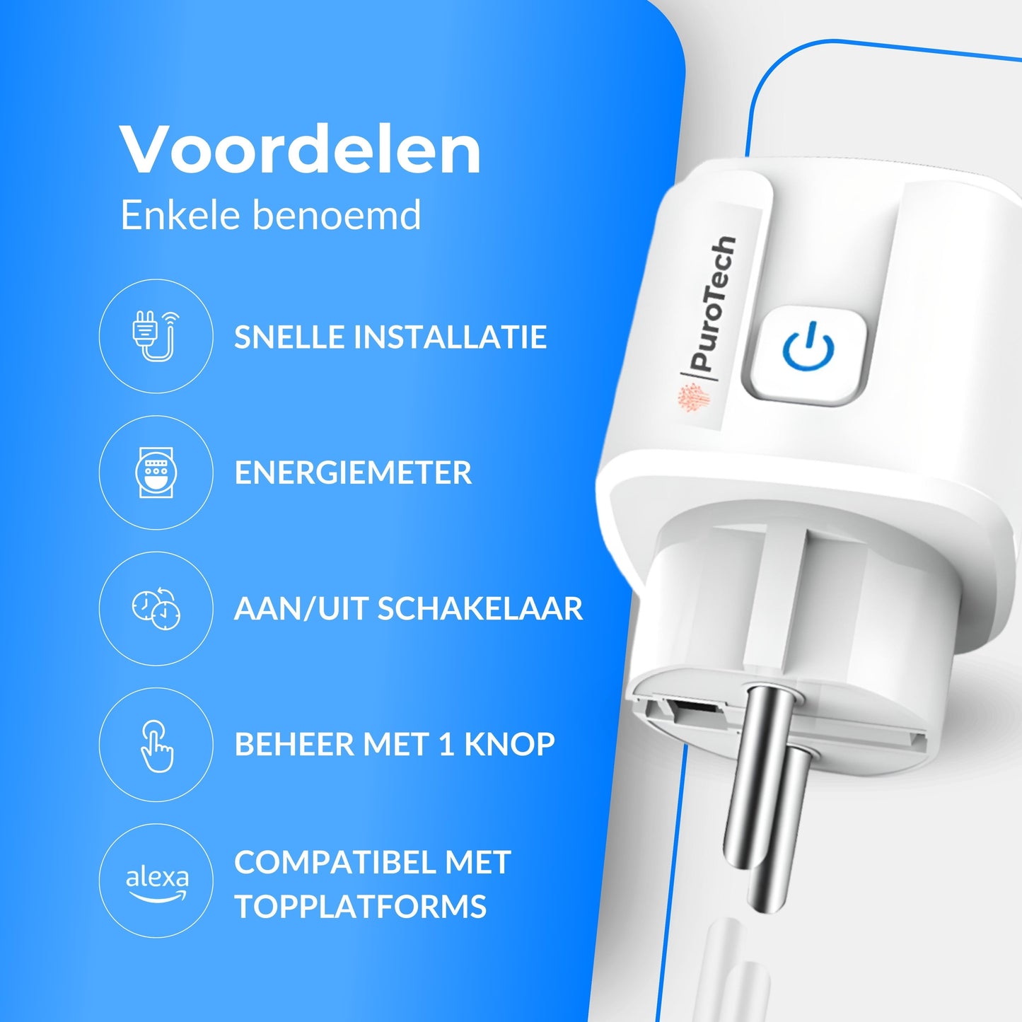 PuroTech Slimme Stekker - Tijdschakelaar & Energiemeter - Smart Plug - Geschikt Voor Alexa / Google Home - Verbruiksmeter - Energiekosten