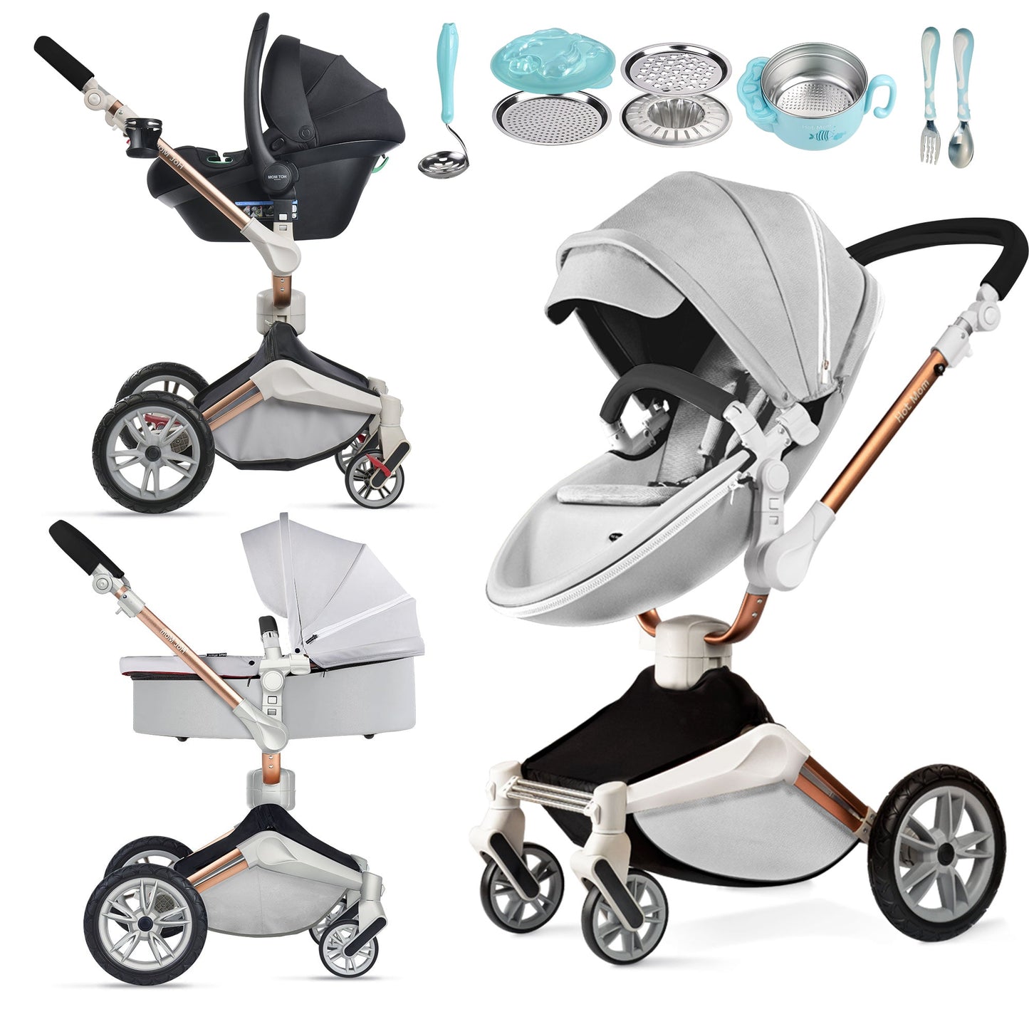 Hot Mom 360°drehbare Kinderwagen F023, Kombikinderwagen mit Reversibele PU-Leder Aufsätze 2-1 oder 3-1 package verfügbar, versand in 3 Werktage innerhalb Deutschland