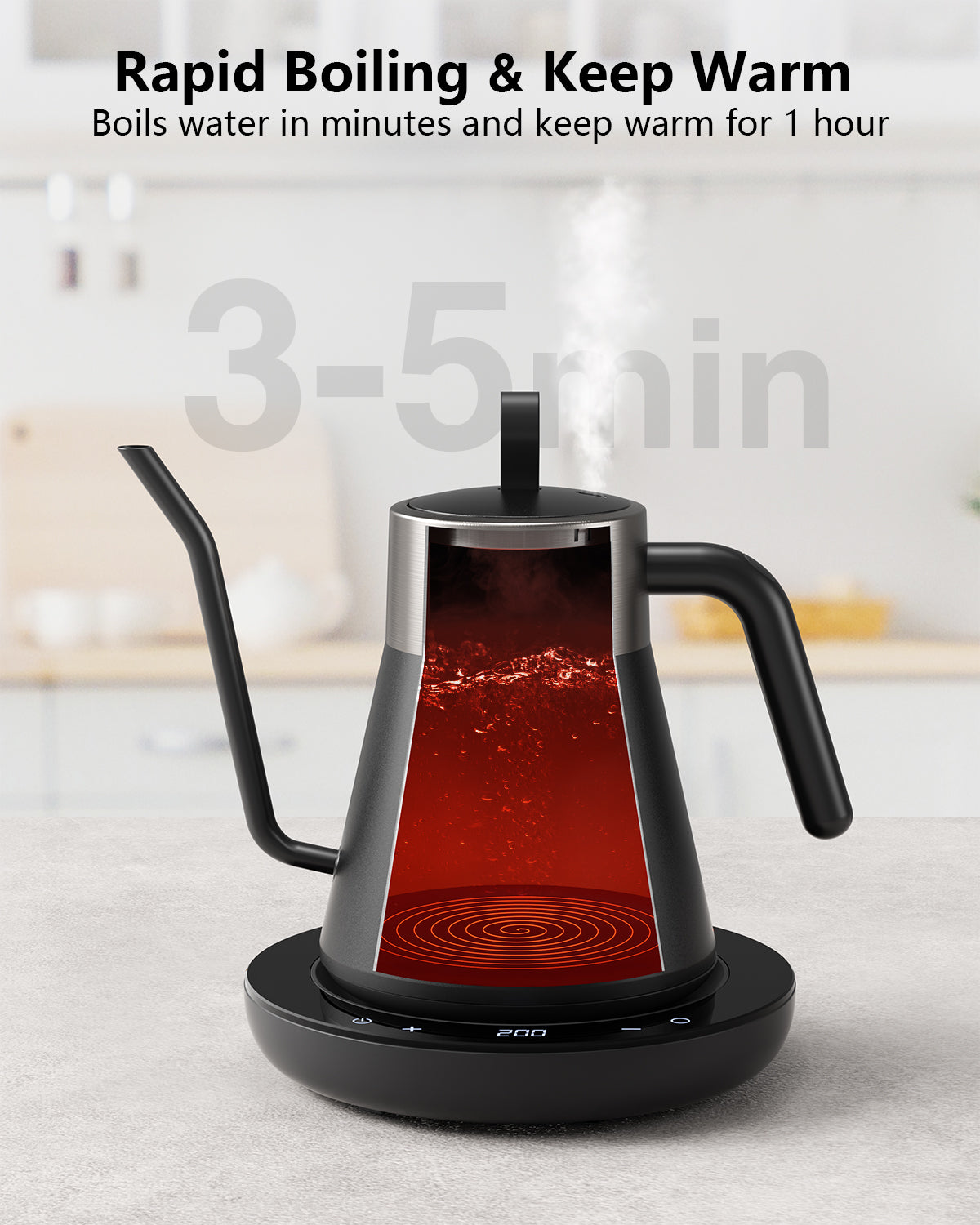 CROWNFUL Smart Electric Gooseneck Kettle, 0.8L Capacity, Matte Black