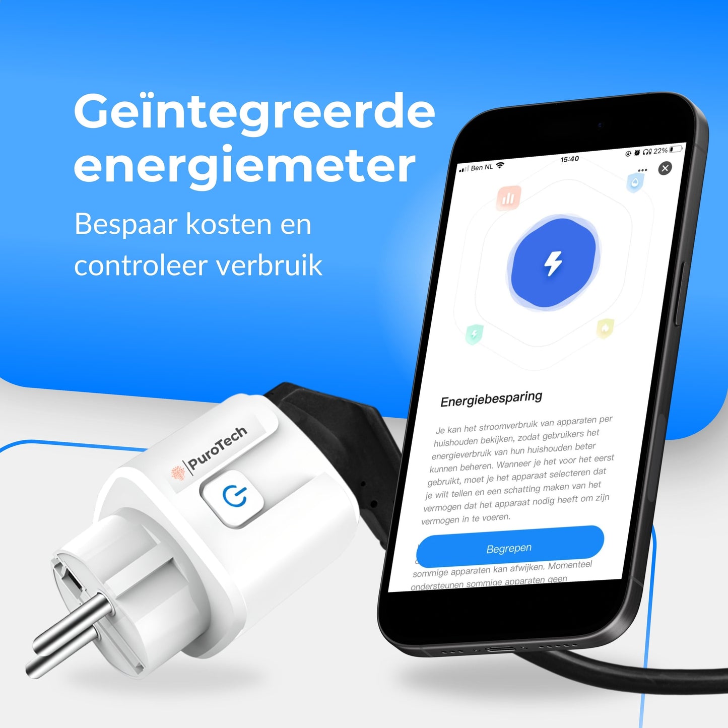 PuroTech Slimme Stekker - Tijdschakelaar & Energiemeter - Smart Plug - Geschikt Voor Alexa / Google Home - Verbruiksmeter - Energiekosten