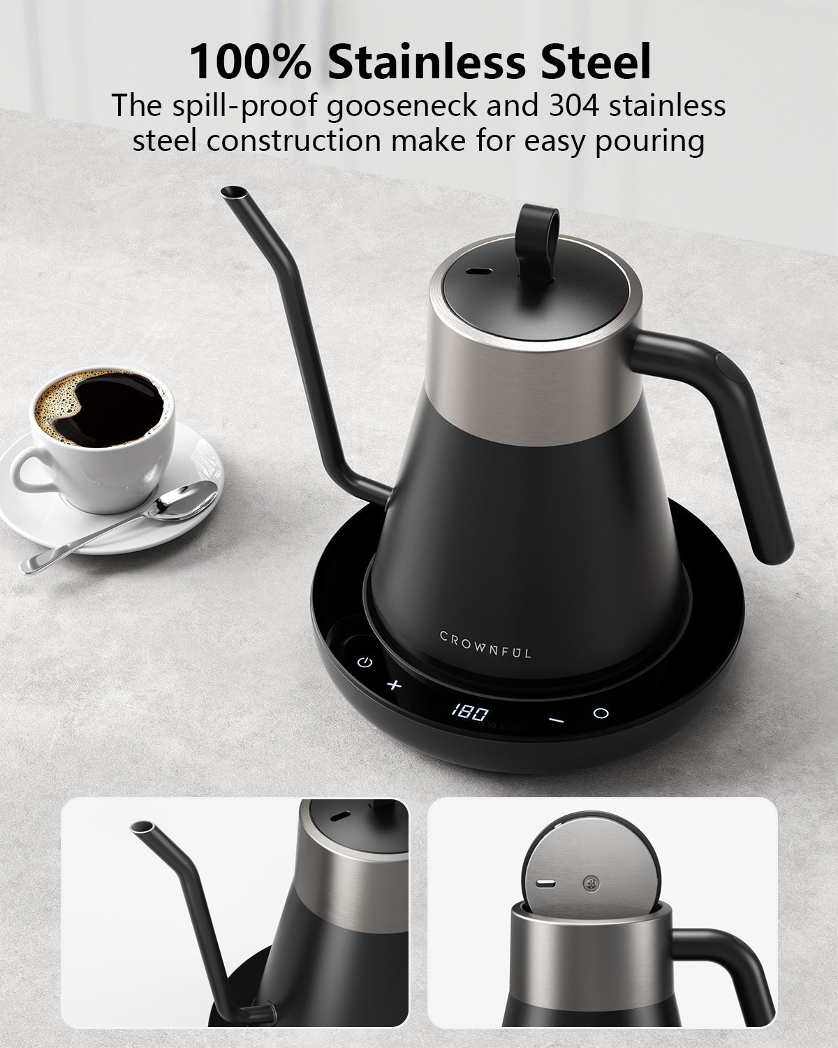 CROWNFUL Smart Electric Gooseneck Kettle, 0.8L Capacity, Matte Black