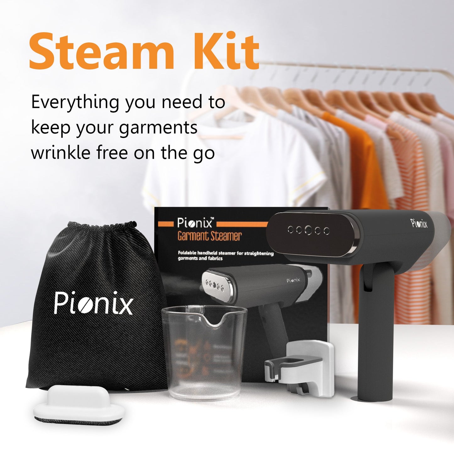 Pionix Handheld Garment Steamer - Foldable Handheld Steamer Clothes, 2-in-1 Horizontal & Vertical Fabric Steamer, Portable Hand Held Steamers for Clothes, 1000W Steam Press for Home & Travel - black