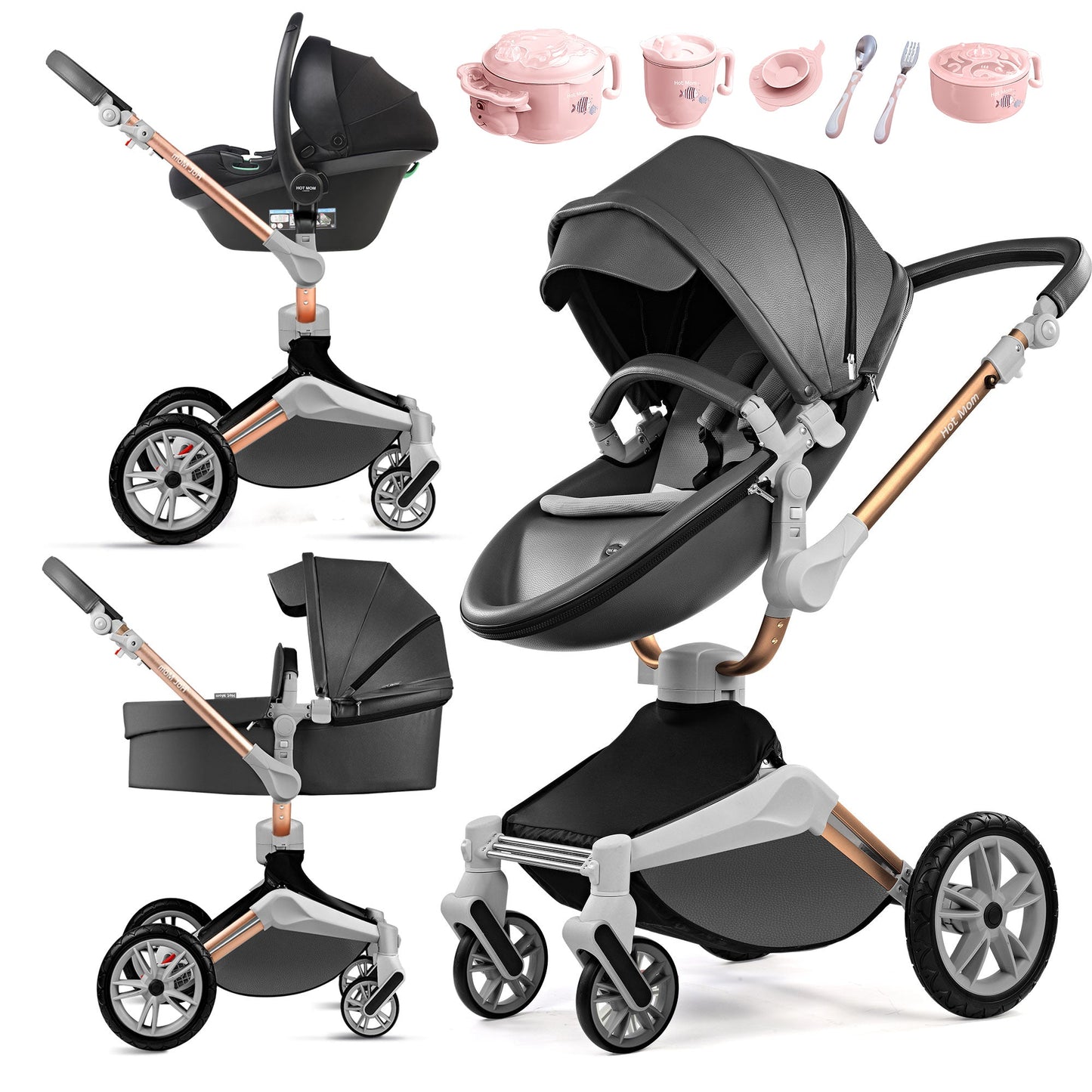 Hot Mom 360°drehbare Kinderwagen F023, Kombikinderwagen mit Reversibele PU-Leder Aufsätze 2-1 oder 3-1 package verfügbar, versand in 3 Werktage innerhalb Deutschland